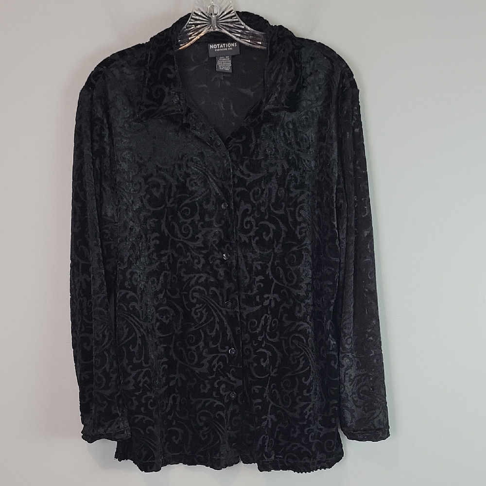 Notations black velvet burnout sheer floral blouse button front